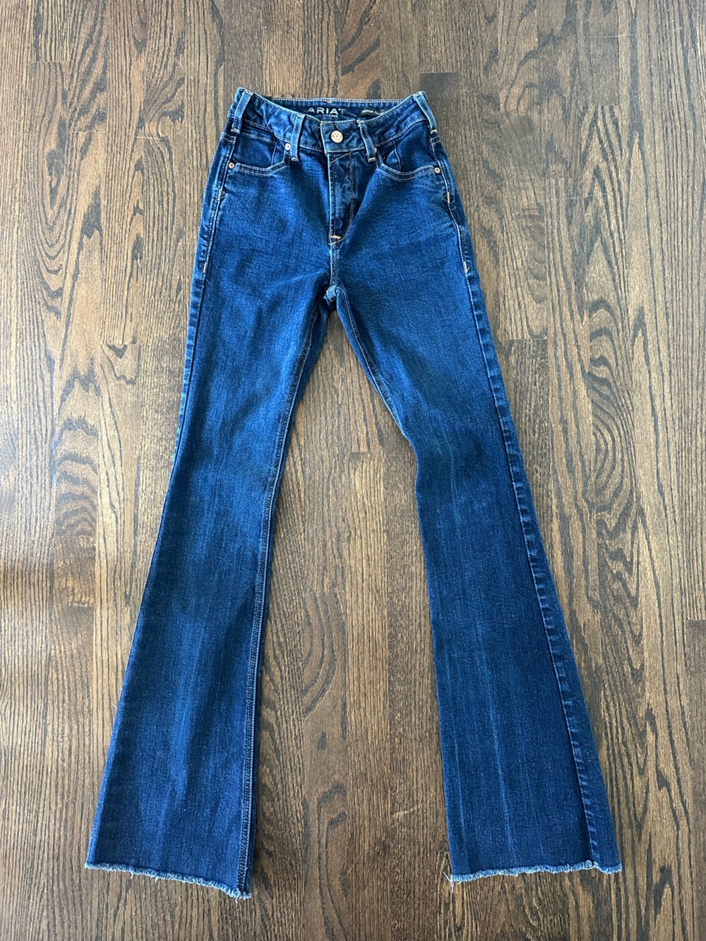 Ariat Premium Italian Denim High Rise Flare Jeans 25L Dark Wash Raw Hem